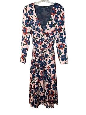 Zara Pink Wrap Midi Dress with Blue and Red Floral Print Sz M